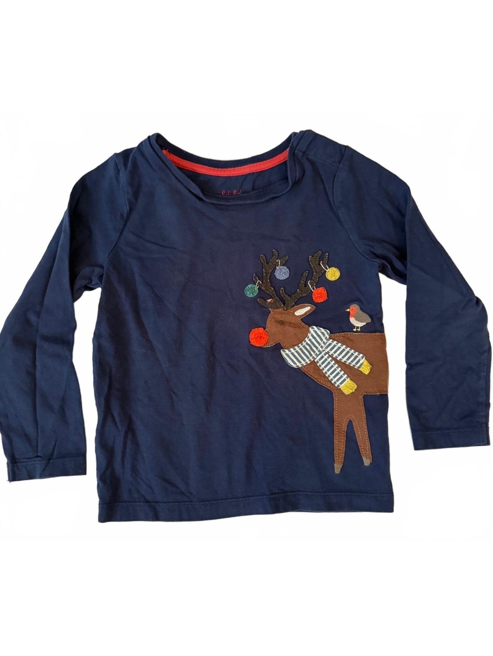 Baby Boden Reindeer Christmas Shirt 3-4Y 104 Navy Applique Long Sleeve Holiday